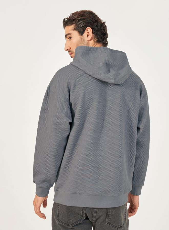 Waffle Textured Quilted Boxy Fit Hoodie with Kangaroo Pocket