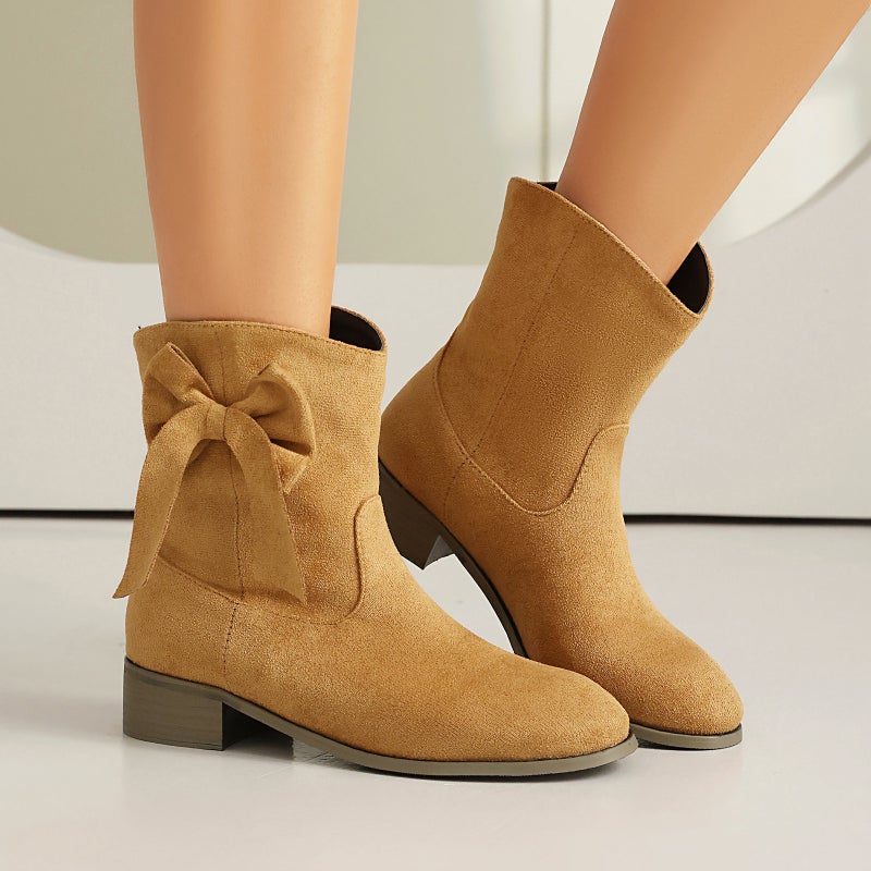 Early Spring Supply Low-Heeled Suede 40-48 Large Size Sweet Bow Casual Short Boots - Image 5