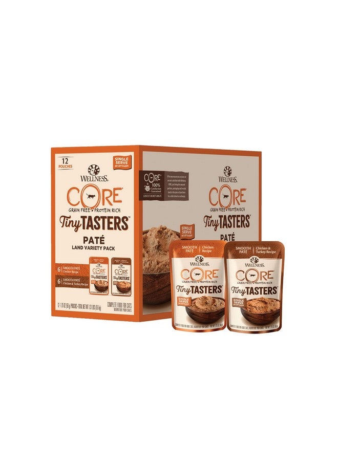 Wellness CORE Tiny Tasters Wet Cat Food Topper, Grain Free, Complete & Balanced Nutrition Made with Real Meat, No-Mess Pouches, (Adult Cat, Land Variety Pack), 1.75 Ounce (Pack of 12)