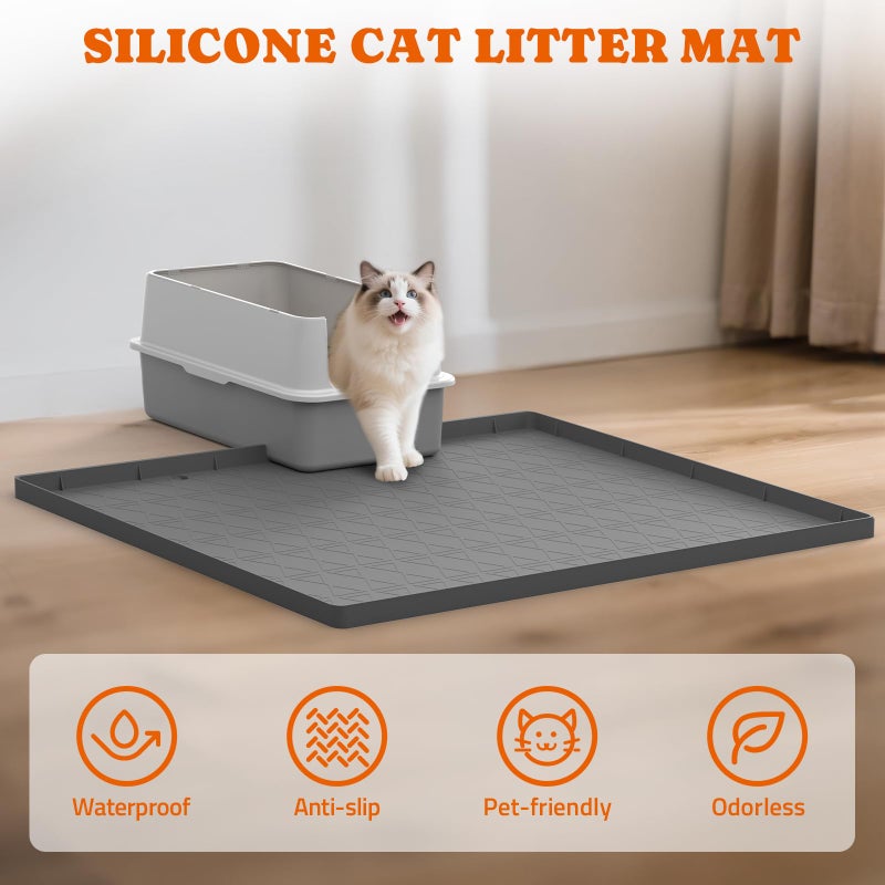 Pawtners Large Cat Litter Mat for Litter Box 2 Packs, 34" x 22" Waterproof Silicone Pad for Floor, Easy to Clean, Gray - Image 3