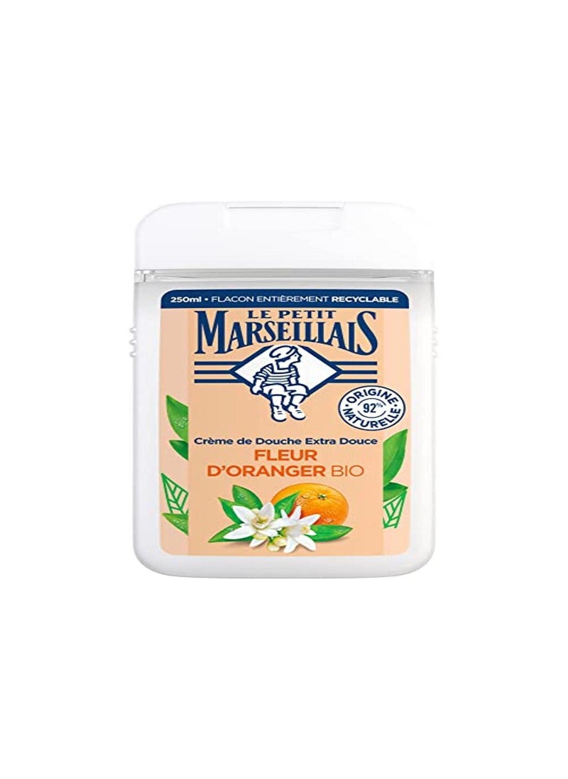 LE PETIT MARSEILLAIS Le Petit Marseillais Extra Gentle Organic Orange Blossom Shower Cream 250 ml bottle  Shower gel with 92 ingredients of natural origin  Fully recyclable bottle 