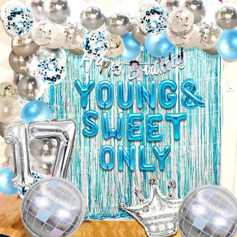 Roaring Good Time Silver Blue Young and Sweet Only 17 Birthday Decoration Young and Sweet Only 17 Banner Dancing Queen 17 Decoration Disco Balloons Rose Gold Birthday Banner Crown Queen Balloons - Image 3