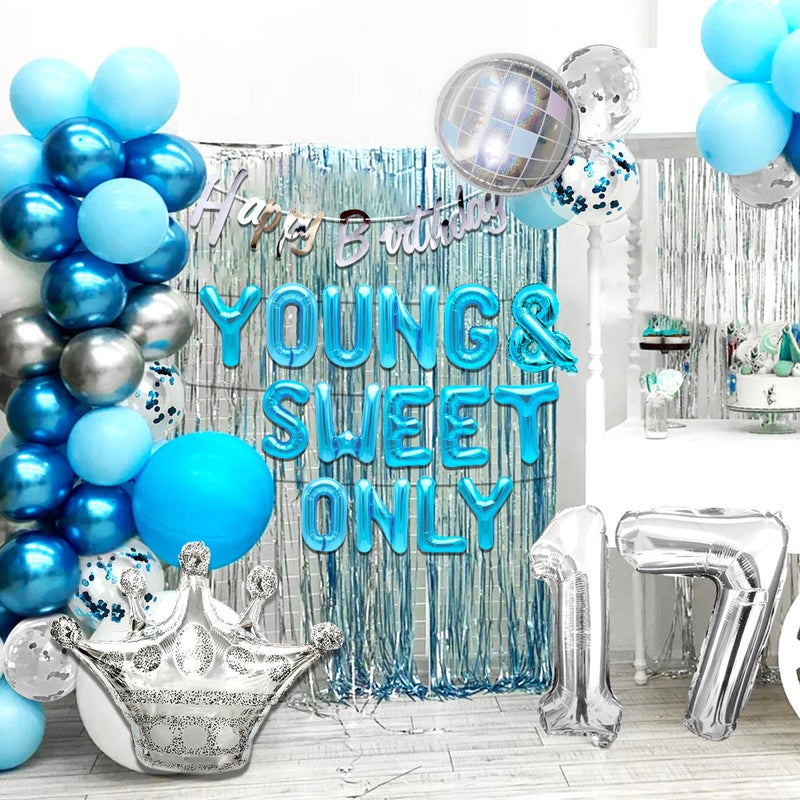 Roaring Good Time Silver Blue Young and Sweet Only 17 Birthday Decoration Young and Sweet Only 17 Banner Dancing Queen 17 Decoration Disco Balloons Rose Gold Birthday Banner Crown Queen Balloons - Image 4