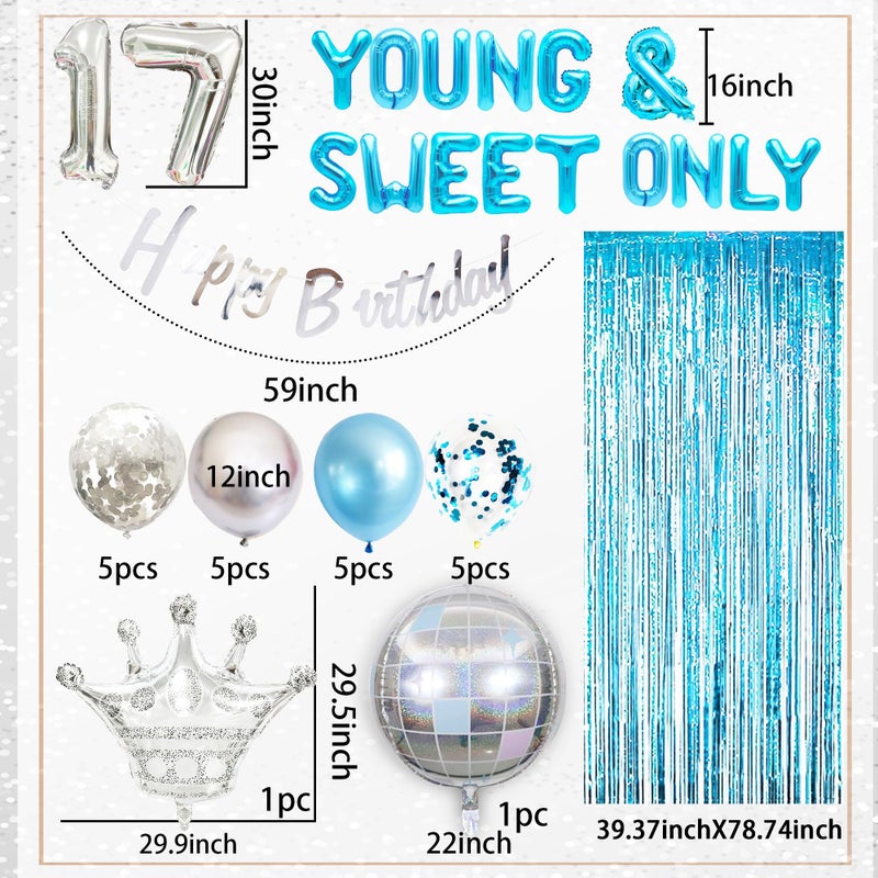 Roaring Good Time Silver Blue Young and Sweet Only 17 Birthday Decoration Young and Sweet Only 17 Banner Dancing Queen 17 Decoration Disco Balloons Rose Gold Birthday Banner Crown Queen Balloons - Image 2