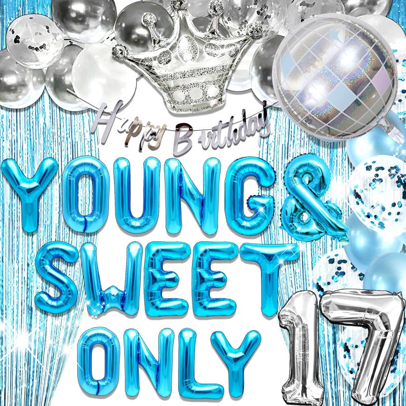 Roaring Good Time Silver Blue Young and Sweet Only 17 Birthday Decoration Young and Sweet Only 17 Banner Dancing Queen 17 Decoration Disco Balloons Rose Gold Birthday Banner Crown Queen Balloons - Image 1