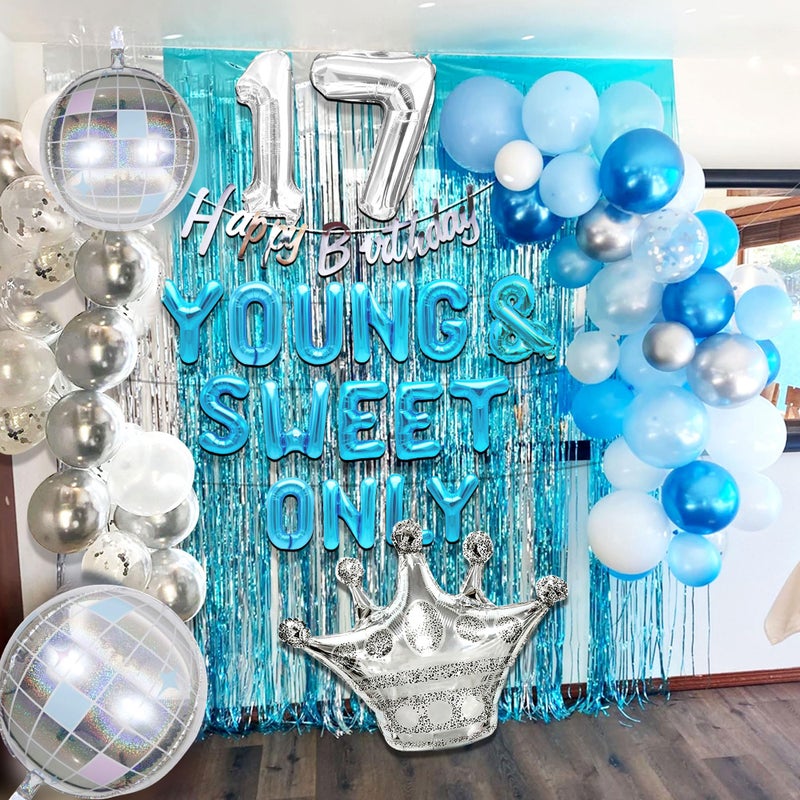 Roaring Good Time Silver Blue Young and Sweet Only 17 Birthday Decoration Young and Sweet Only 17 Banner Dancing Queen 17 Decoration Disco Balloons Rose Gold Birthday Banner Crown Queen Balloons - Image 5
