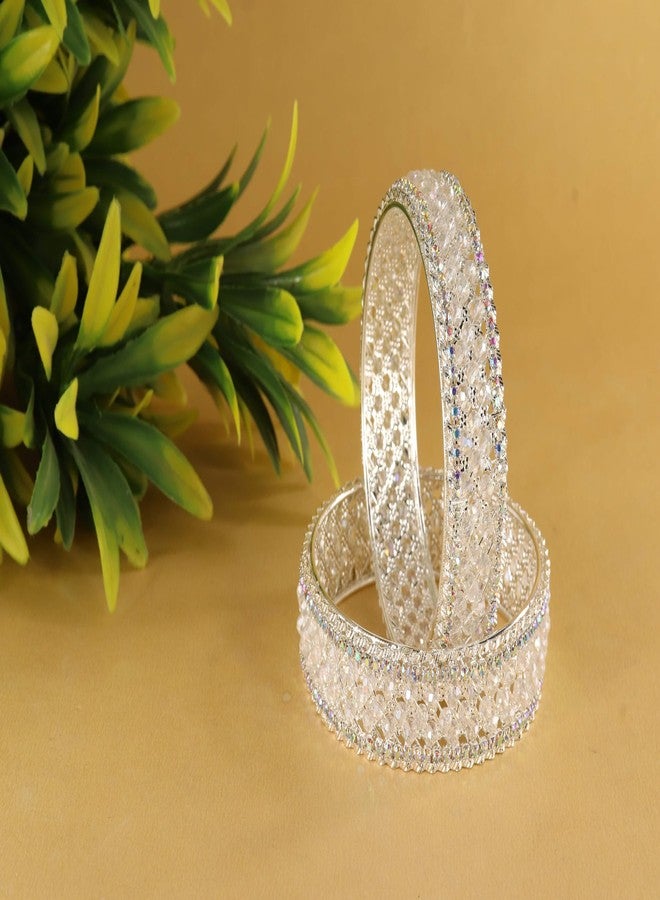 NMII Traditional Metal White Moti Pearls & Diamond Kangan Bangles Set Women & Girls | Stylish Party Bangles | White Bangles | Diamond Kada | White kada For Women | Hand Accessories-(MAH125-Silver-2.4) - Image 3