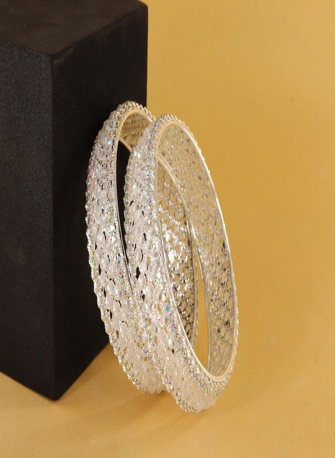 NMII Traditional Metal White Moti Pearls & Diamond Kangan Bangles Set Women & Girls | Stylish Party Bangles | White Bangles | Diamond Kada | White kada For Women | Hand Accessories-(MAH125-Silver-2.4) - Image 2