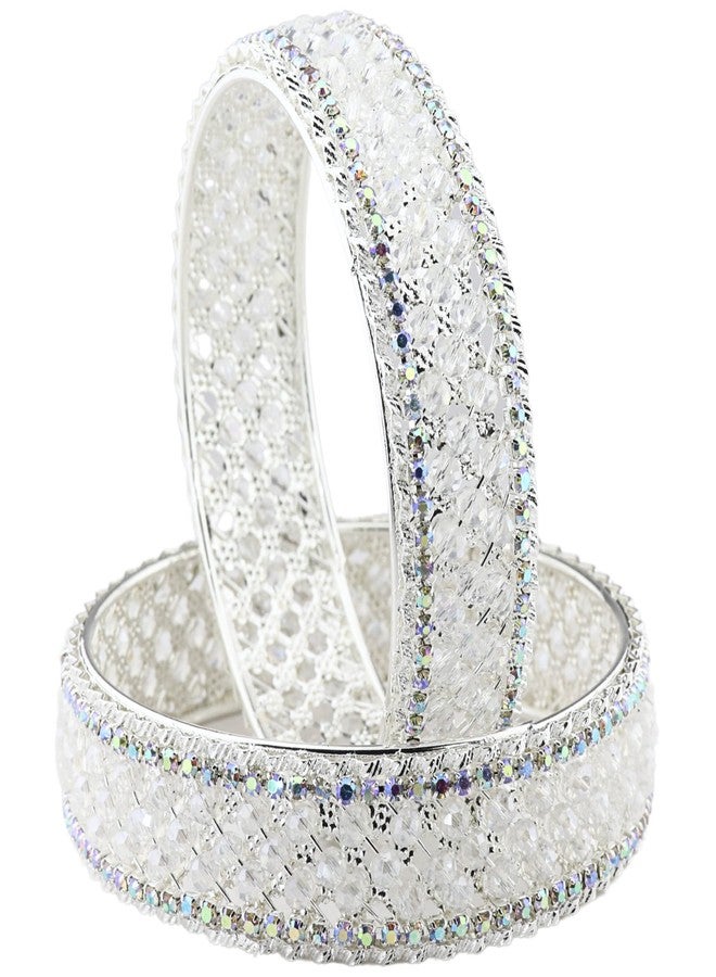 NMII Traditional Metal White Moti Pearls & Diamond Kangan Bangles Set Women & Girls | Stylish Party Bangles | White Bangles | Diamond Kada | White kada For Women | Hand Accessories-(MAH125-Silver-2.4) - Image 1