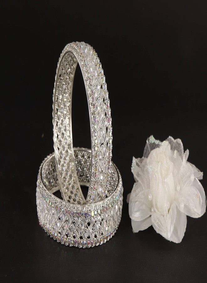 NMII Traditional Metal White Moti Pearls & Diamond Kangan Bangles Set Women & Girls | Stylish Party Bangles | White Bangles | Diamond Kada | White kada For Women | Hand Accessories-(MAH125-Silver-2.4) - Image 5