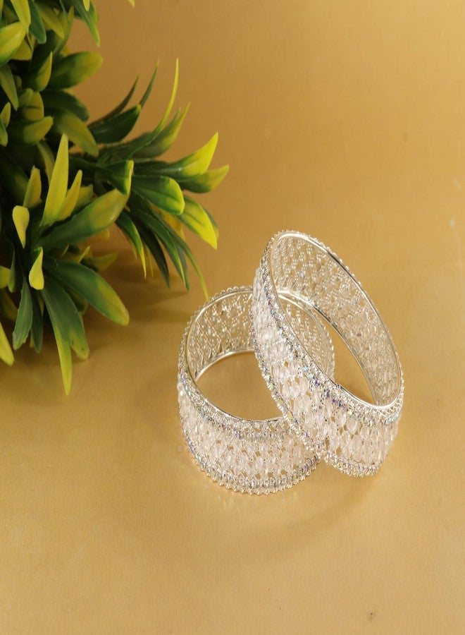 NMII Traditional Metal White Moti Pearls & Diamond Kangan Bangles Set Women & Girls | Stylish Party Bangles | White Bangles | Diamond Kada | White kada For Women | Hand Accessories-(MAH125-Silver-2.4) - Image 4