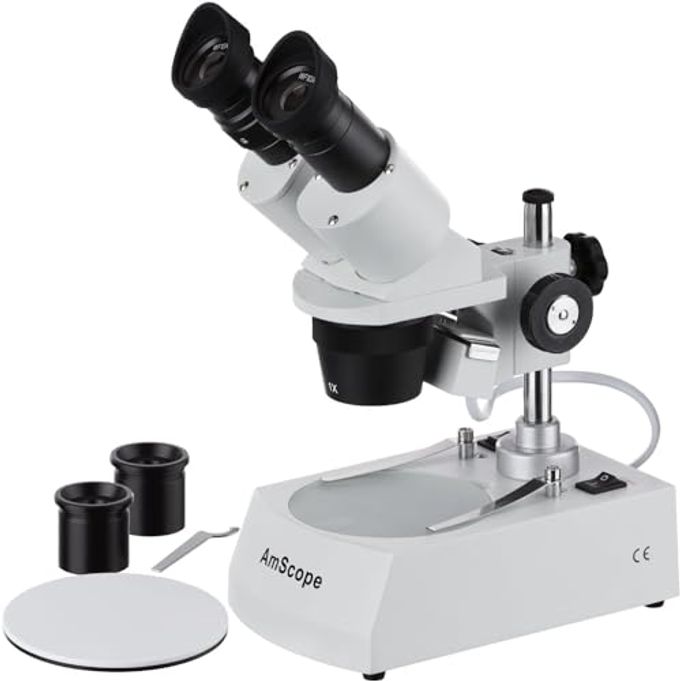 AmScope Se305R-Pz Forward Binocular Stereo Microscope, Wf10X And Wf20X Eyepieces, 10X-60X Magnification, 1X And 3X Objectives, Upper And Lower Halogen Light Source, Pillar Stand, 120V , White - Image 1