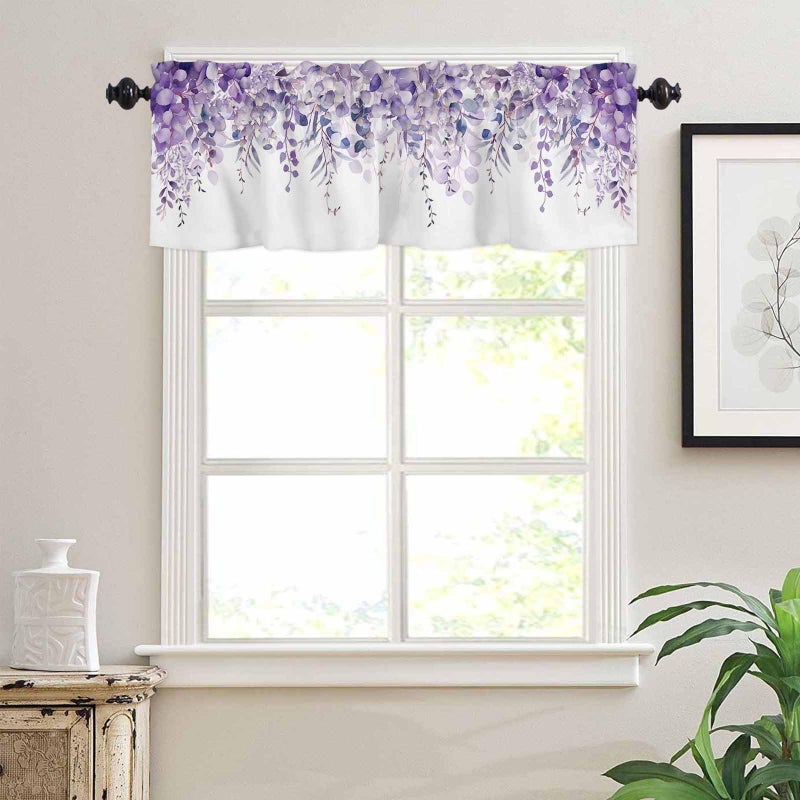 TweetyBed Curtain Valance for Windows Purple Eucalyptus Rod Pocket Valance Window Treatments 1 Panel Watercolor Leaves Short Curtains for Kitchen Windows Bathroom Bedroom 42x12in - Image 3