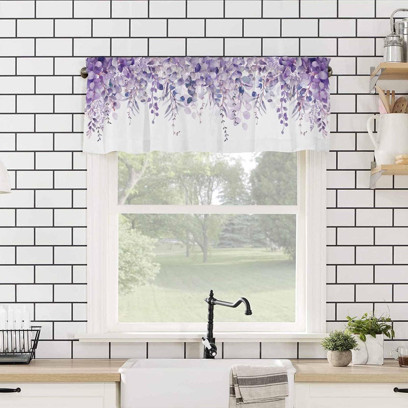 TweetyBed Curtain Valance for Windows Purple Eucalyptus Rod Pocket Valance Window Treatments 1 Panel Watercolor Leaves Short Curtains for Kitchen Windows Bathroom Bedroom 42x12in - Image 4