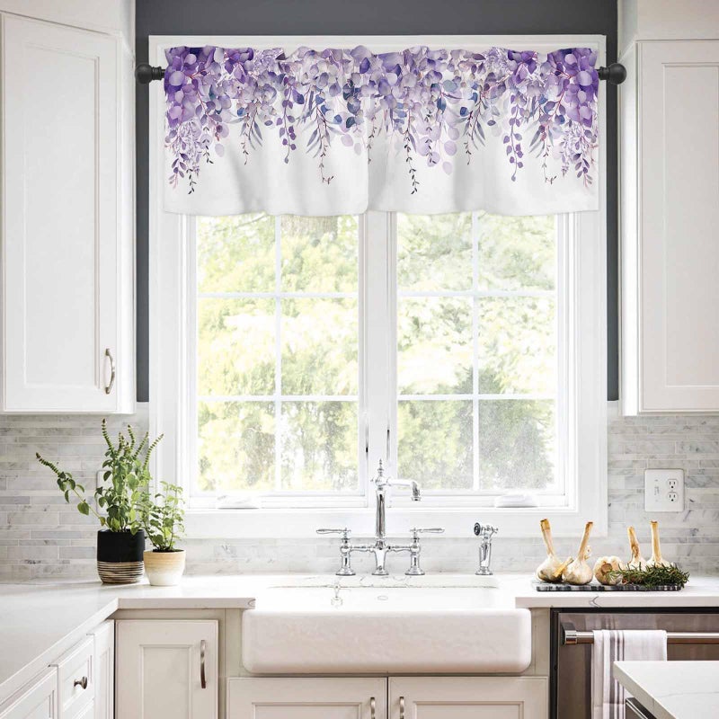 TweetyBed Curtain Valance for Windows Purple Eucalyptus Rod Pocket Valance Window Treatments 1 Panel Watercolor Leaves Short Curtains for Kitchen Windows Bathroom Bedroom 42x12in - Image 2