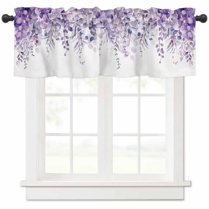TweetyBed Curtain Valance for Windows Purple Eucalyptus Rod Pocket Valance Window Treatments 1 Panel Watercolor Leaves Short Curtains for Kitchen Windows Bathroom Bedroom 42x12in - Image 1