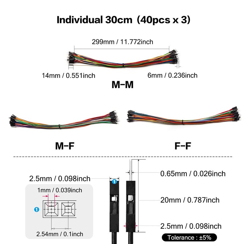 CHANZON 120pcs 30cm long Header Jumper Wire Dupont Cable Line Connector Assorted Kit (Male Female M-M M-F F-F) Solderless Multicolor for Arduino Raspberry pi Electronic Breadboard Protoboard PCB Board - Image 3