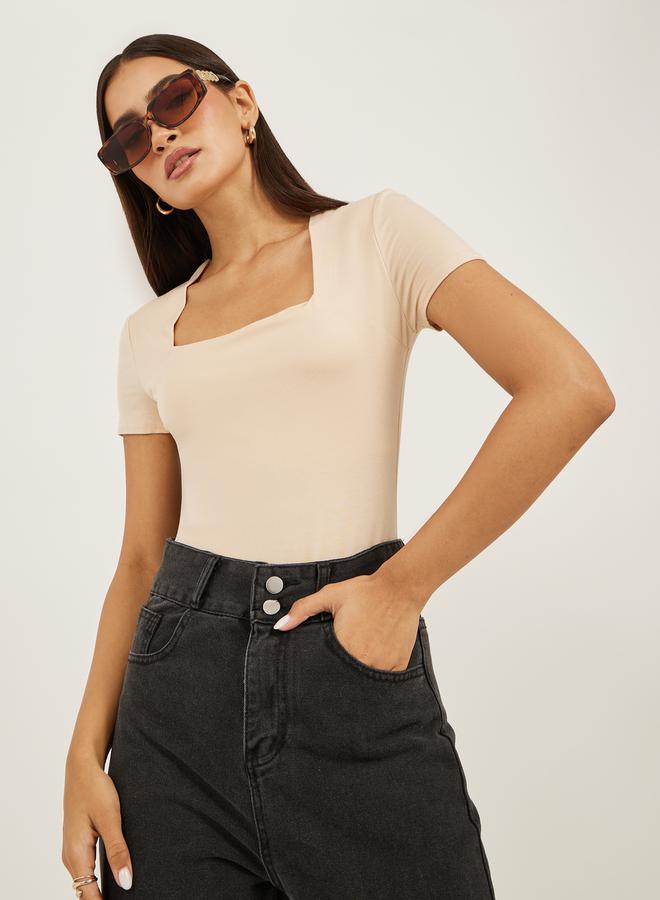 Styli Solid Square Neck Fitted Short Sleeve T-Shirt  - Image 1