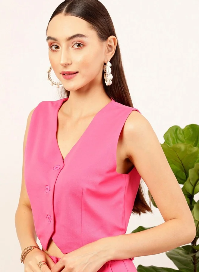 STREET 9 Pink V-Neck Sleeveless Crop Top for Women