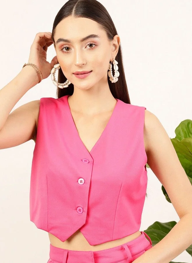 STREET 9 Pink V-Neck Sleeveless Crop Top for Women