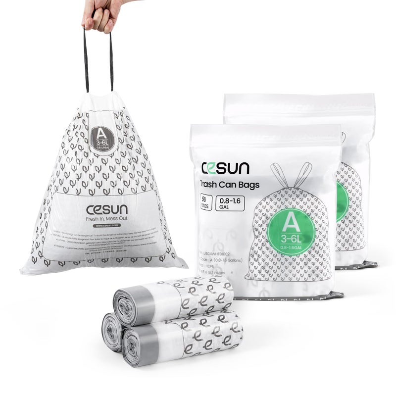 Cesun Code A Drawstring Trash Bags 90 Count, Pre Cut 1.6 Gallon / 6 Liter Small Bathroom Trash Can Liners, White - Image 1