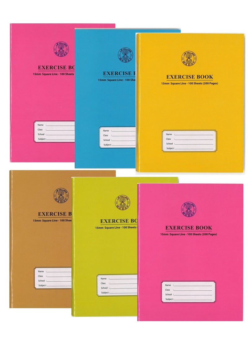 Sadaf 6-Piece A5 Size Exercise Notebook With 15mm Square Lined Ruling 200 Pages Assorted Covers  - Image 1
