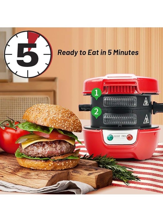 Breakfast Electric Sandwich Maker Maker Red, Aluminum Nonstick Electric Hamburger Machine ,  Electric Indoor Grill , with Egg Cooker Ring, Ready In 5 Minutes , for Croissants, Mini Waffles - Image 2