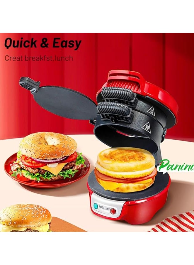 Breakfast Electric Sandwich Maker Maker Red, Aluminum Nonstick Electric Hamburger Machine ,  Electric Indoor Grill , with Egg Cooker Ring, Ready In 5 Minutes , for Croissants, Mini Waffles - Image 4