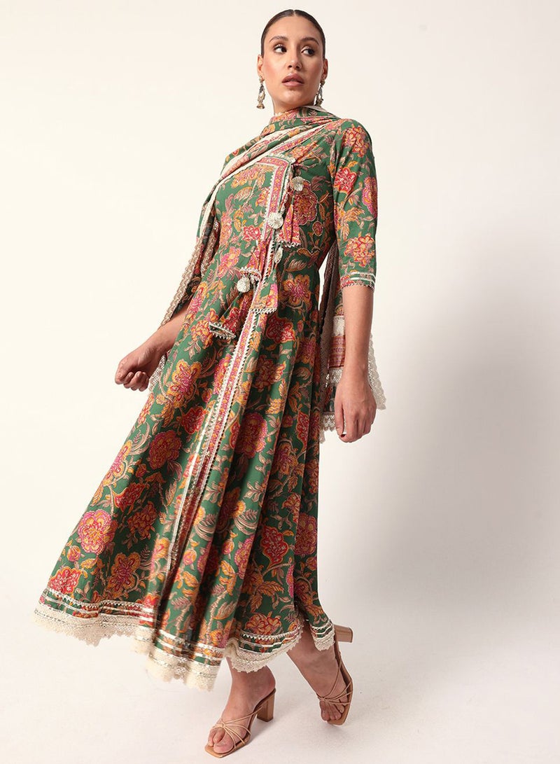 ISHIN Women's Green Cotton Textured Tunic Full Palazzo Regular Fit Kurta Set - Image 4