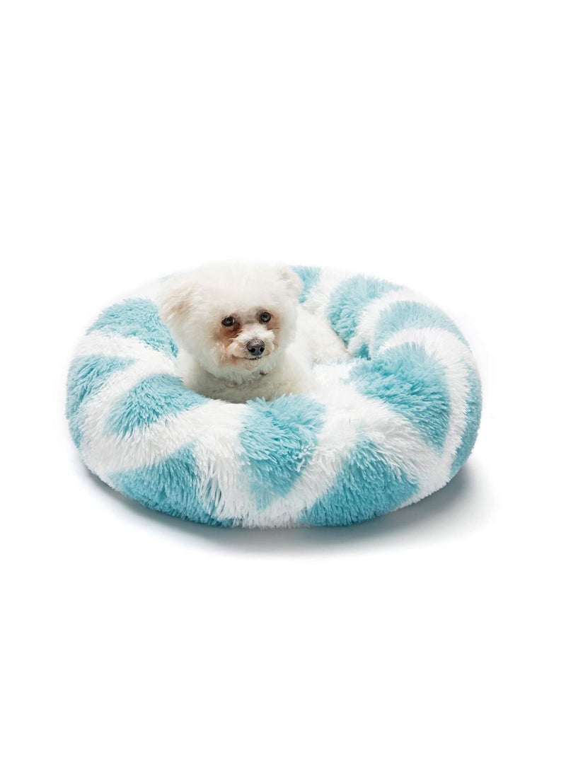Excefore Round Calming Dog Bed for Medium Dogs Donut Cat Beds Washable Soft Fluffy Warming Pet Sleep Non Slip Bottom 24inch Blue White Grid - Image 1