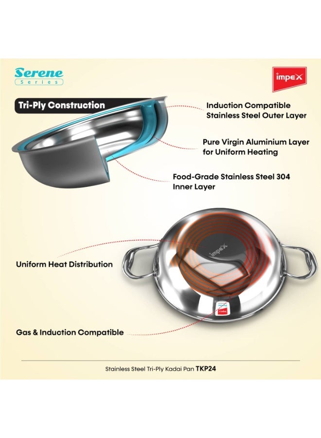 Impex Serene Triply Cookware | 304 Grade Stainless Steel | No PFOA Coating | lnduction Friendly Cookware, Silver (Kadai pan 24cm) - Image 2