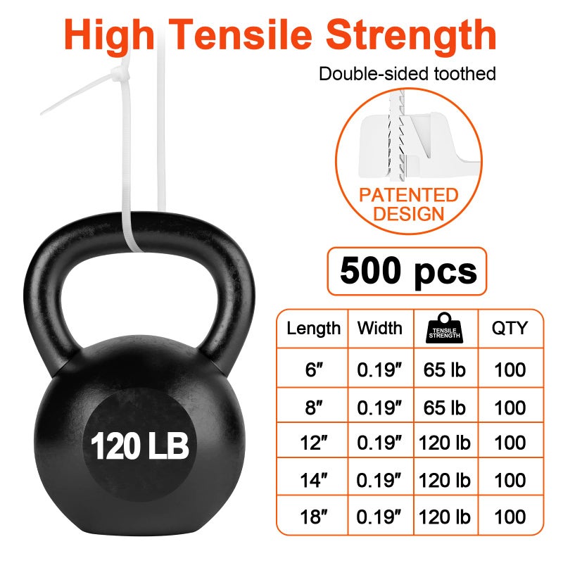 JIANYANG Zip Ties Assorted Size,500 Pack,6+8+12+14+18 Inch Double Sided Toothed,120 LBS Tensile Strength Heavy Duty Cable Wire Ties Self-Locking Adjustable Durable Nylon Tie Wraps for Indoor Outdoor White - Image 4