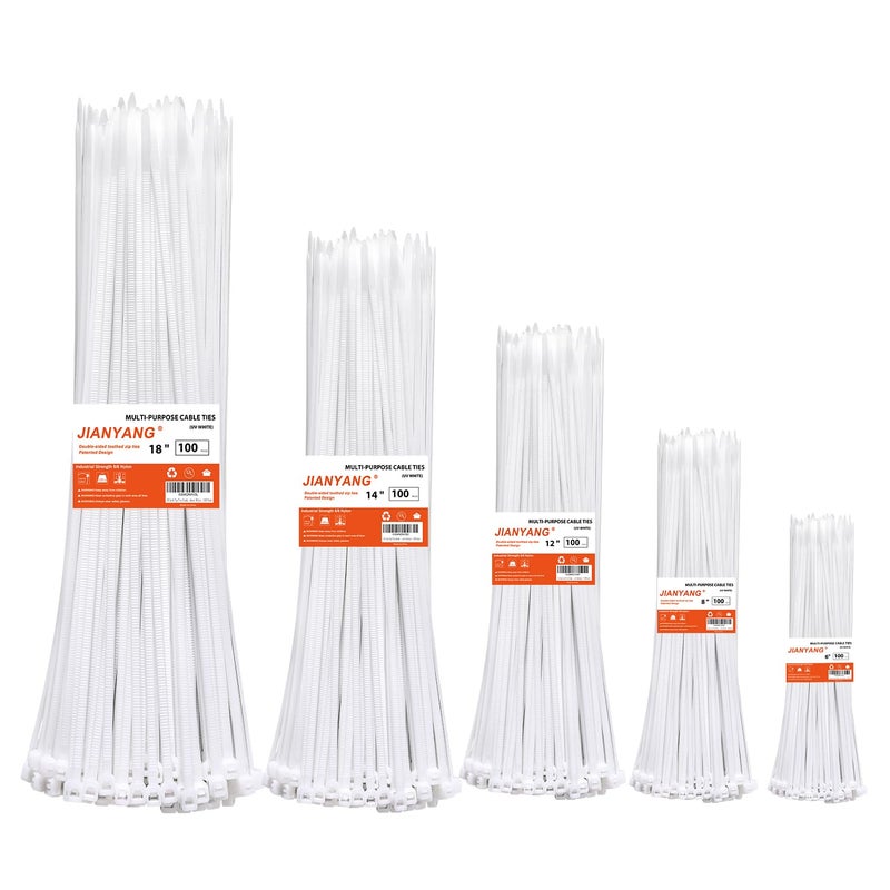 JIANYANG Zip Ties Assorted Size,500 Pack,6+8+12+14+18 Inch Double Sided Toothed,120 LBS Tensile Strength Heavy Duty Cable Wire Ties Self-Locking Adjustable Durable Nylon Tie Wraps for Indoor Outdoor White - Image 1