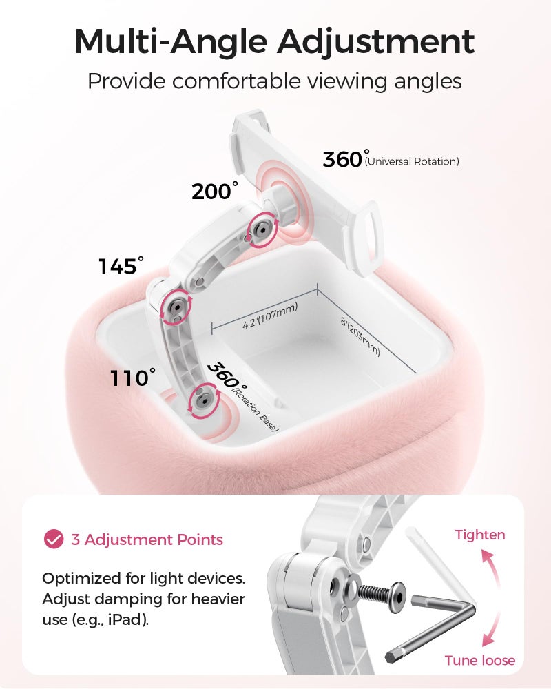 LULULOOK Tablet Pillow Stand, Compatible with iPad, iPhone and 4.7-14.6”Tablet, 360° Adjustable Kindle Pillow Stand for Bed with Ultra Fluffy Fabric & Snack Bowl (Snug Pink) - Image 4