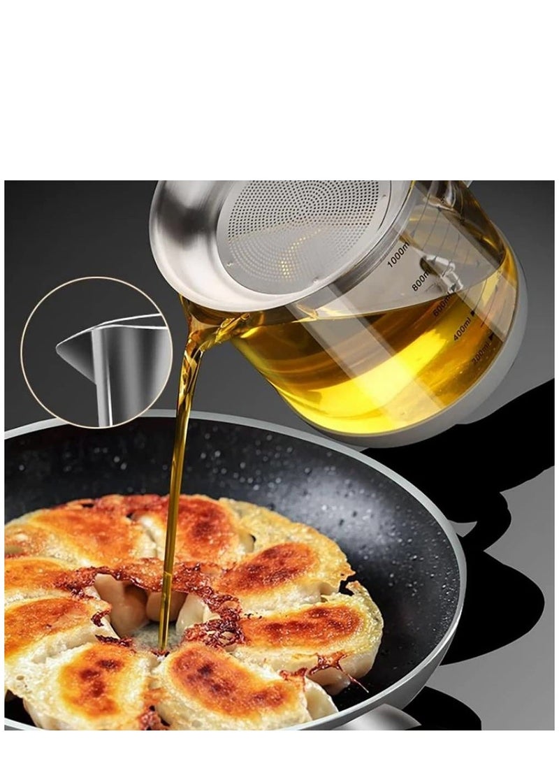 1.5L/50oz Glass Grease Container with Strainer, Cooking Oil Storage Can with Fine Mesh Filter and Scale, Lid and Easy-Grip Handle,Fat Separator for Storing Fats, Frying Oil and Cooking Grease