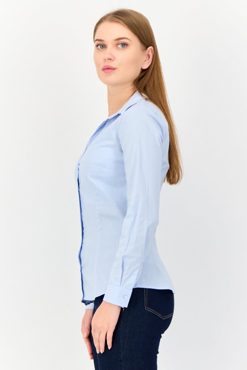 KOTON Women Spread Collar Long Sleeves Plain Shirt, Light Blue - Image 3