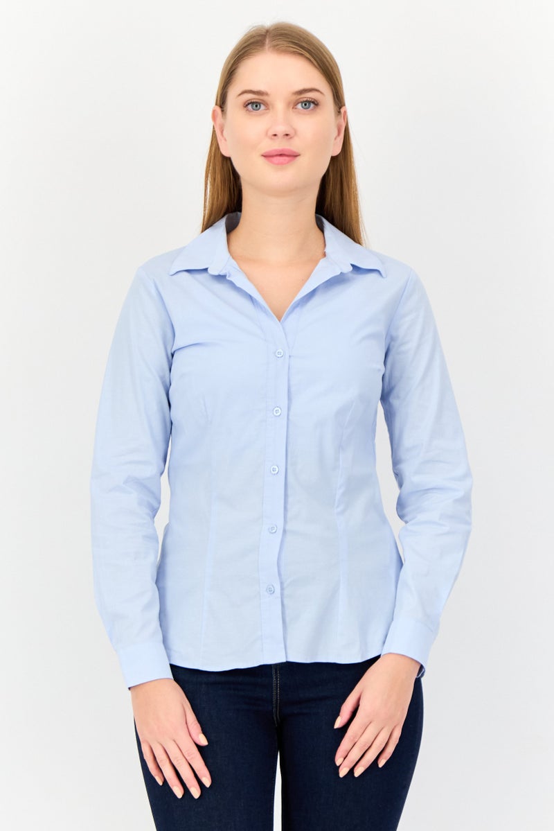 KOTON Women Spread Collar Long Sleeves Plain Shirt, Light Blue - Image 1