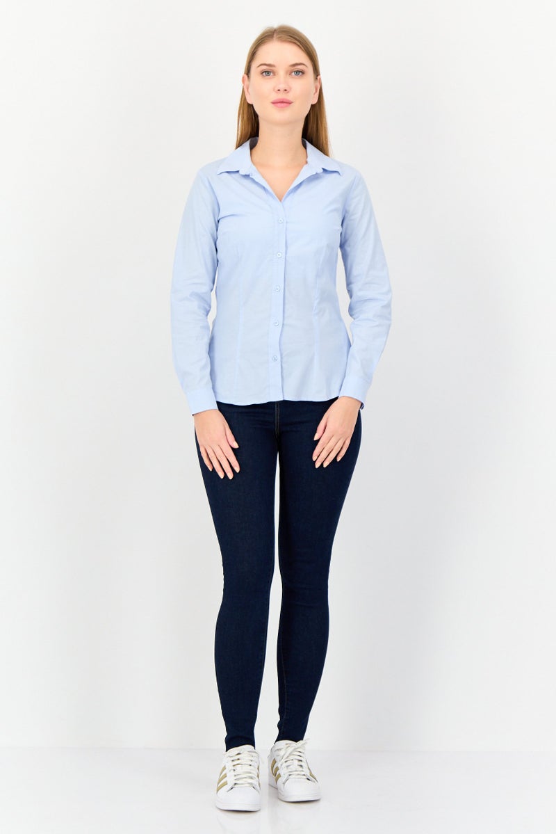 KOTON Women Spread Collar Long Sleeves Plain Shirt, Light Blue - Image 2