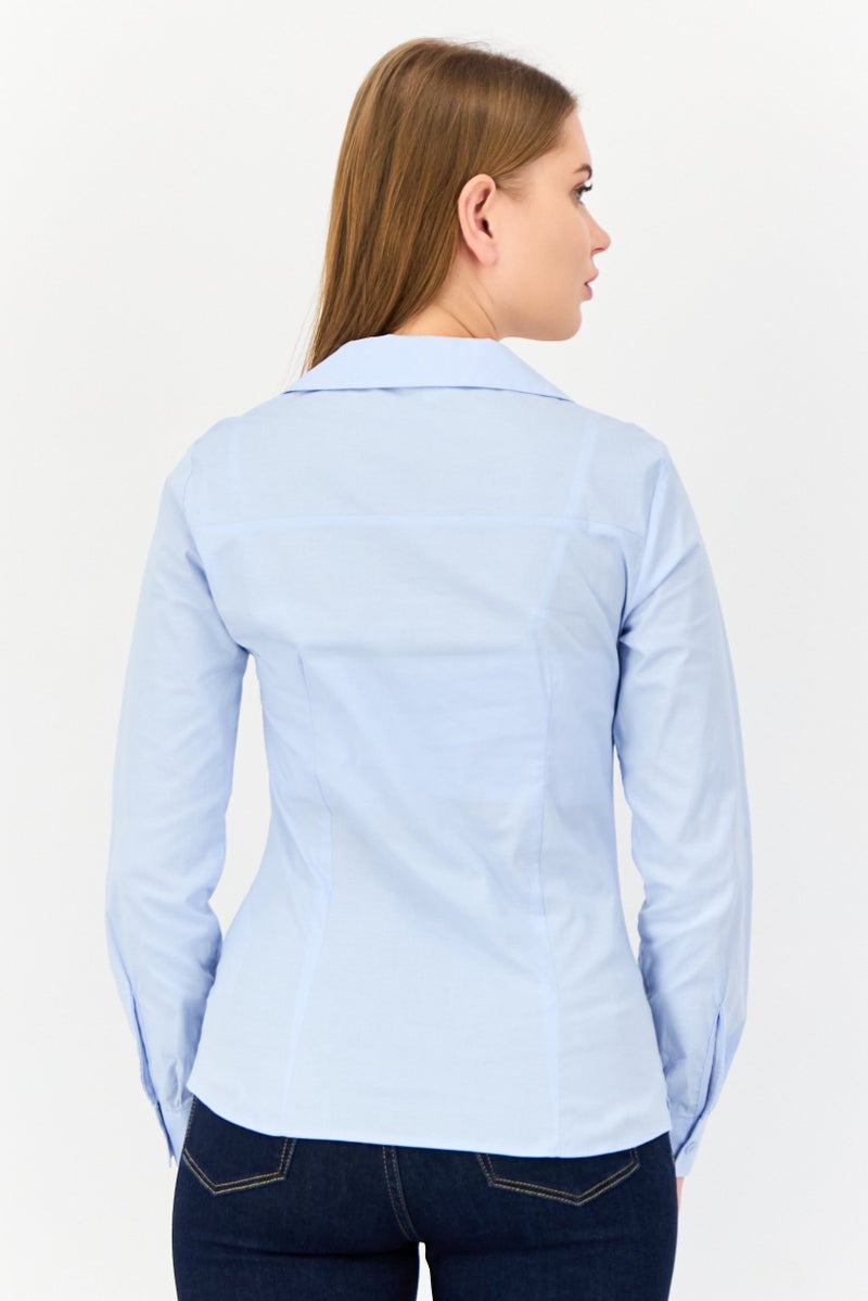 KOTON Women Spread Collar Long Sleeves Plain Shirt, Light Blue - Image 4