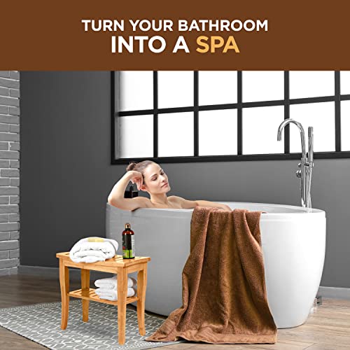 Bambüsi Bamboo Shower Bench - Small Wooden Shower Stool with Storage Shelf, Non-Slip Bathroom Seat, Spa Decor Bath Bench, Foot Rest Shaving Stool for Shower, Indoor Outdoor Use, Great Gift Idea (17" x 9 x 17) - Image 2