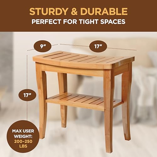 Bambüsi Bamboo Shower Bench - Small Wooden Shower Stool with Storage Shelf, Non-Slip Bathroom Seat, Spa Decor Bath Bench, Foot Rest Shaving Stool for Shower, Indoor Outdoor Use, Great Gift Idea (17" x 9 x 17) - Image 3