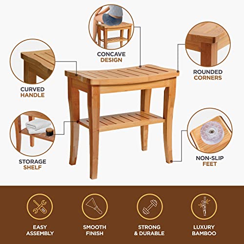 Bambüsi Bamboo Shower Bench - Small Wooden Shower Stool with Storage Shelf, Non-Slip Bathroom Seat, Spa Decor Bath Bench, Foot Rest Shaving Stool for Shower, Indoor Outdoor Use, Great Gift Idea (17" x 9 x 17) - Image 4
