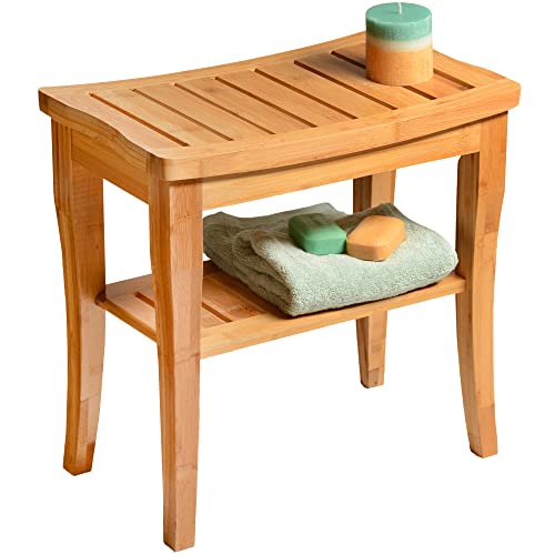Bambüsi Bamboo Shower Bench - Small Wooden Shower Stool with Storage Shelf, Non-Slip Bathroom Seat, Spa Decor Bath Bench, Foot Rest Shaving Stool for Shower, Indoor Outdoor Use, Great Gift Idea (17" x 9 x 17) - Image 1