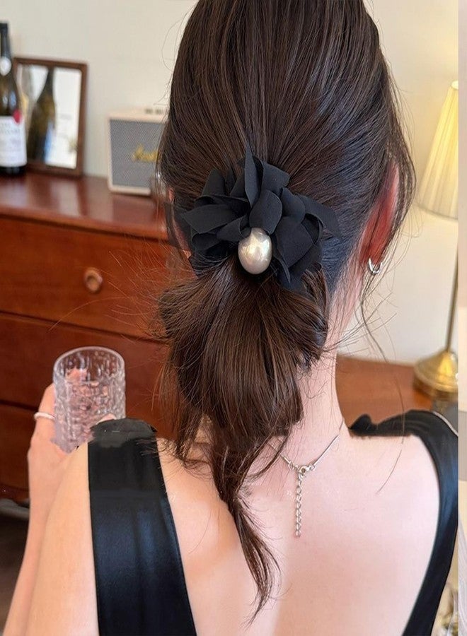 Melodio 2 pcs Hair Ties Bow Pearl Hair bands Chiffon Ponytails Black Scrunchies for Women Girls Hair Accessories - Image 2