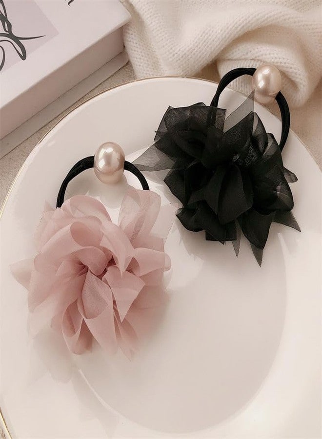 Melodio 2 pcs Hair Ties Bow Pearl Hair bands Chiffon Ponytails Black Scrunchies for Women Girls Hair Accessories - Image 5