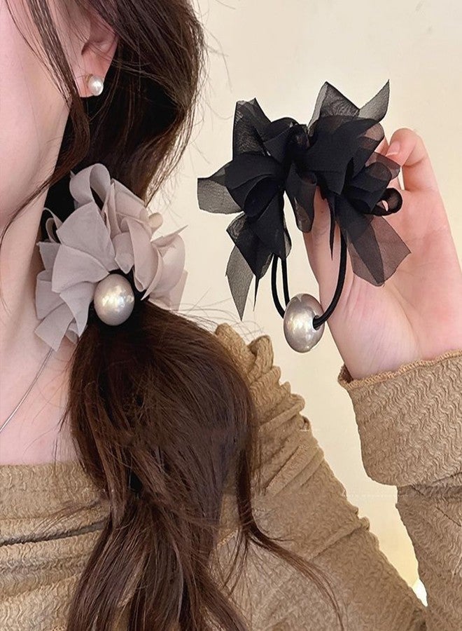 Melodio 2 pcs Hair Ties Bow Pearl Hair bands Chiffon Ponytails Black Scrunchies for Women Girls Hair Accessories - Image 4
