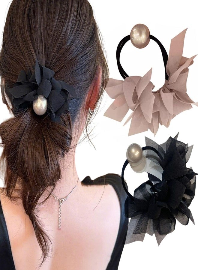Melodio 2 pcs Hair Ties Bow Pearl Hair bands Chiffon Ponytails Black Scrunchies for Women Girls Hair Accessories - Image 1
