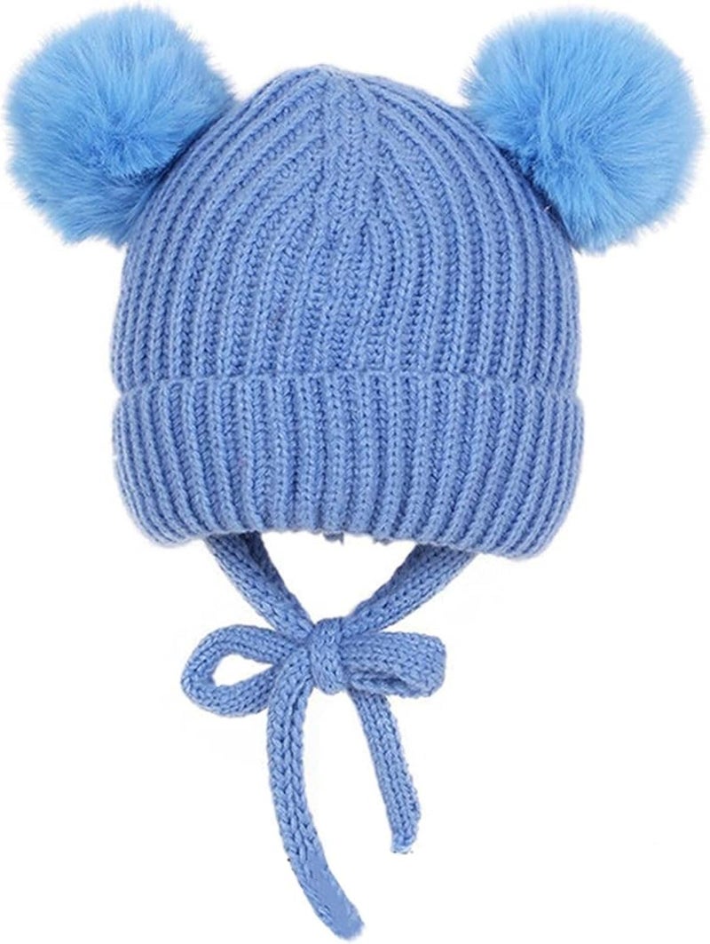 INFISPACE Baby's Super Warm Winter Woolen Skull Beanie Cap with Fur Inside| Double Pompom Baby Hat (Age: 6 Months to 3 Years) (in, Age, 6 Months, 24 Months, Pompom with String Blue) - Image 1