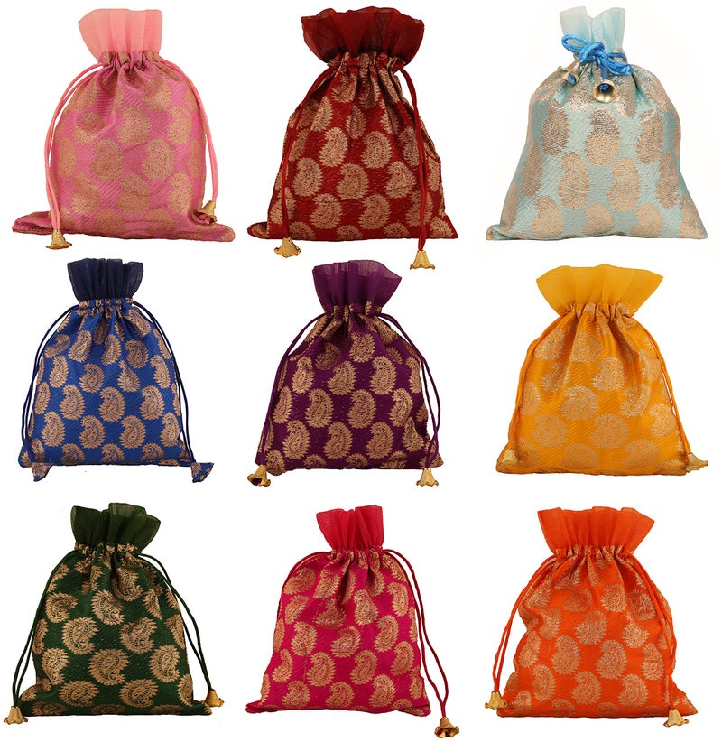 Touchstone Drawstring Bags Traditional Indian Handcrafted in Paisley Pattern Brocade fabric. Perfect for Gifts Jewelry Weddings Sweet Distribution Set of 9 Vibrant Multicolor Pouches Purses Potli