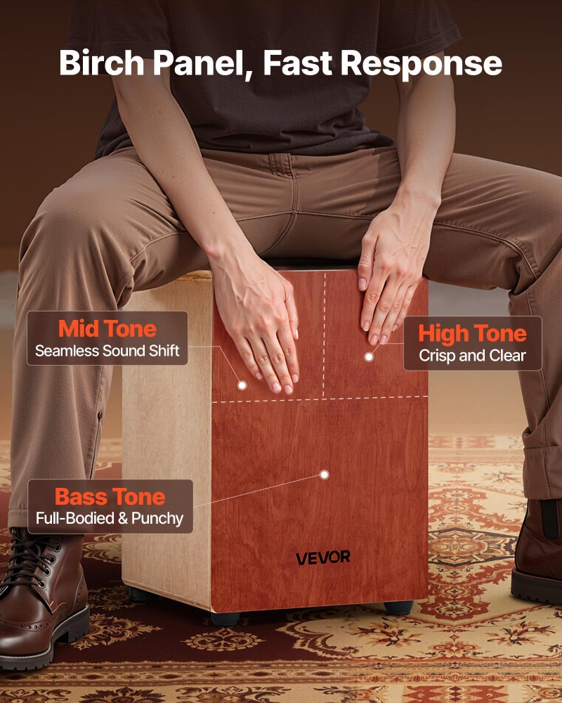 VEVOR Cajon Box Drum, with Internal Guitar Strings, Lightweight Wooden Percussion Box, Portable Birch Wood Drum Musical Instrument with Silicone Feet, for Beginners & Professionals, 12 x 12 x 17 in - Image 2